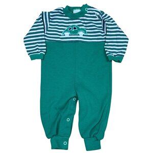 Vintage 90s Health Tex Green Baby Romper Pajamas Car Embroidery Striped 12 Month